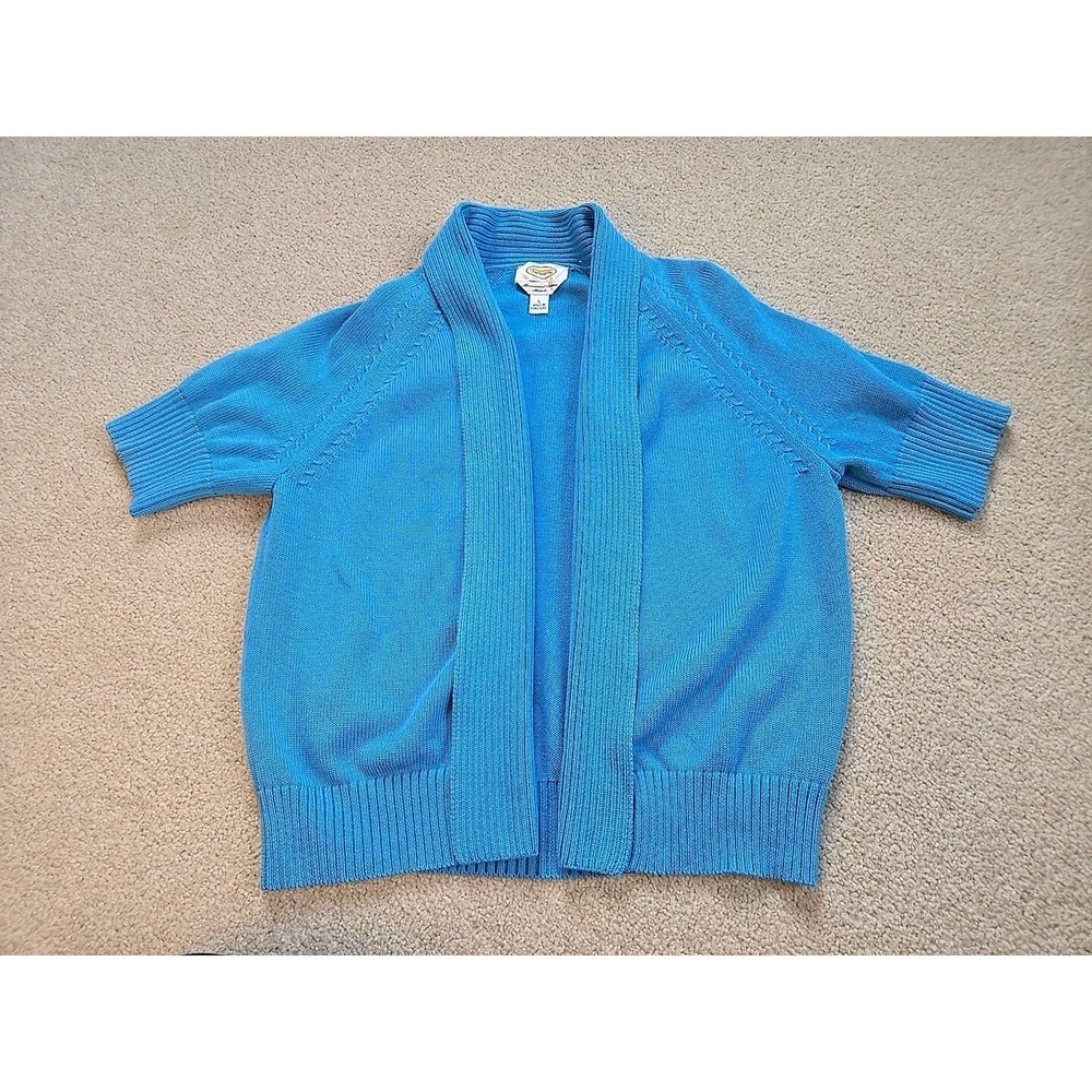 Vtg Talbots Sweater Large L Blue Mercerized Cotton Stretch Open Front Cropped